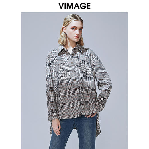 VIMAGE纬漫纪女装秋款宽松个性中性男友风格纹衬衫女V1409009 商品图0