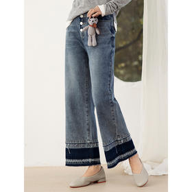 Famecoco范可儿阔腿牛仔裤女士韩版宽松蓝色直筒长裤F205GA024