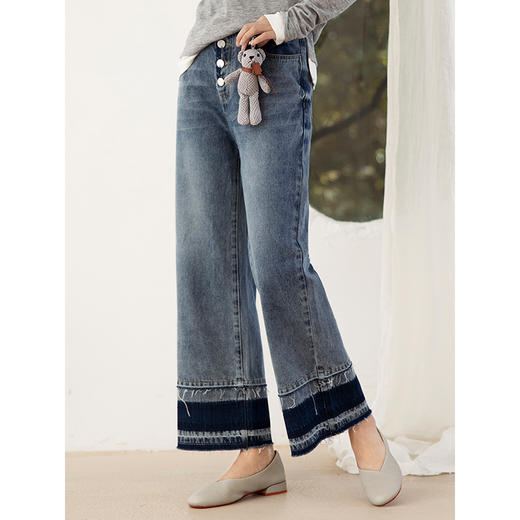 Famecoco范可儿阔腿牛仔裤女士韩版宽松蓝色直筒长裤F205GA024 商品图0
