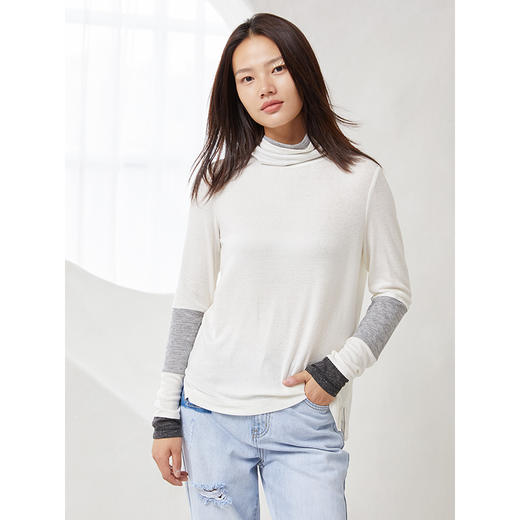 Famecoco范可儿面膜t恤女长袖薄款修身拼接撞色打底上衣F205BB012 商品图0