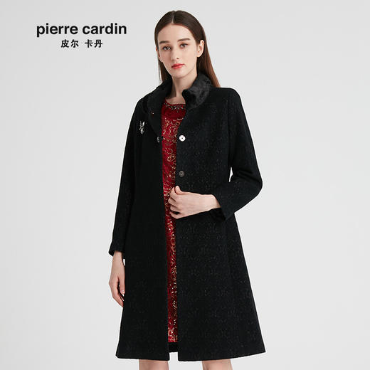 皮尔卡丹女装冬季新款黑色羊毛大衣水貂毛领女外套P94CL08B0
 商品图0