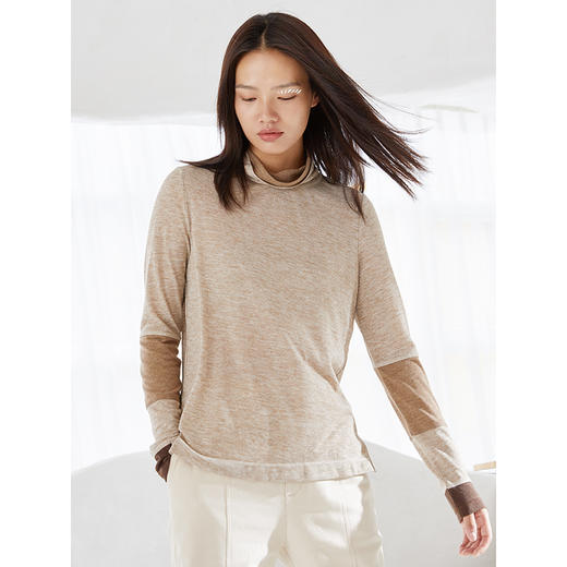 Famecoco范可儿面膜t恤女长袖薄款修身拼接撞色打底上衣F205BB012 商品图2