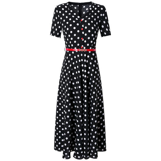 FMY-F20XL31440波点印花复古赫本风V领简约显瘦收腰中长裙 商品图2