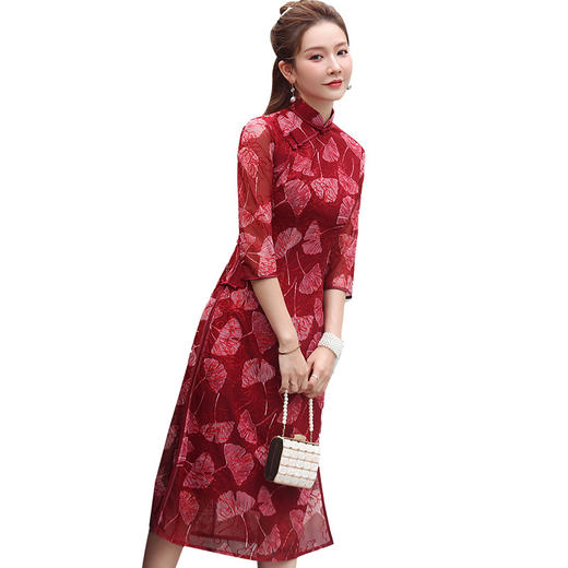 XGT-Q2341新款中国风优雅气质改良立领七分袖网布绣花旗袍裙TZF 商品图4