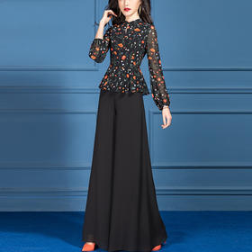 SSGS-41531新款时尚雪纺印花上衣阔腿裤套装裙