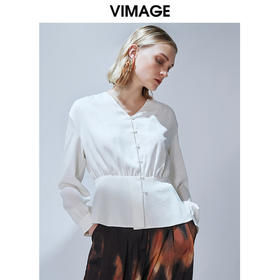 VIMAGE纬漫纪秋款时尚通勤复古收腰V领显瘦百搭小上衣女V1409005