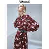 VIMAGE纬漫纪秋款个性百褶灯笼袖收腰显瘦复古印花连衣裙V1407010 商品缩略图0
