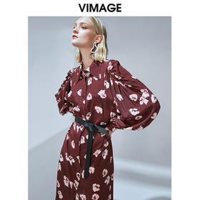 VIMAGE纬漫纪秋款个性百褶灯笼袖收腰显瘦复古印花连衣裙V1407010