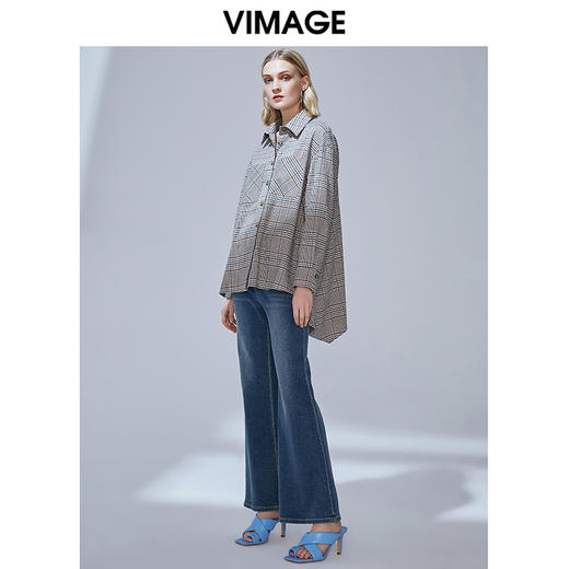 VIMAGE纬漫纪女装秋款宽松个性中性男友风格纹衬衫女V1409009 商品图1