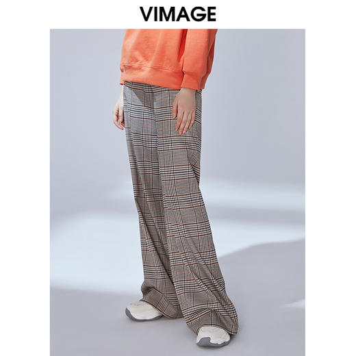 VIMAGE纬漫纪秋款个性复古英伦格纹印花拖地长裤休闲裤女V1405010 商品图2