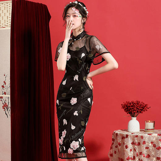 OYCP20183新款中国风优雅气质改良立领短袖蕾丝刺绣旗袍裙TZF 商品图1