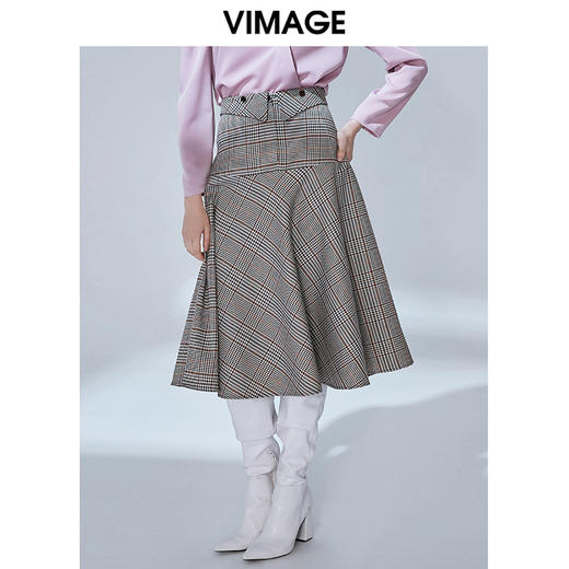 VIMAGE纬漫纪秋款个性英伦格纹A字百褶伞裙半身裙女显瘦V1406010 商品图2