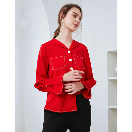 EITIE爱特爱秋季新款时尚通勤职业百搭显瘦喇叭袖衬衫上衣女C2009534 商品图1