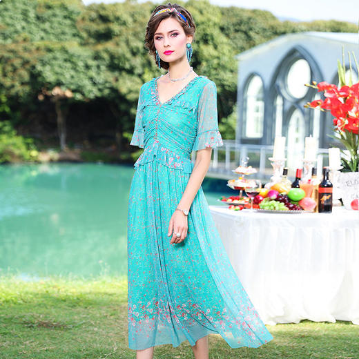 FMY-F20XL31286碎花短袖V领时尚小众气质超仙长裙子 商品图0