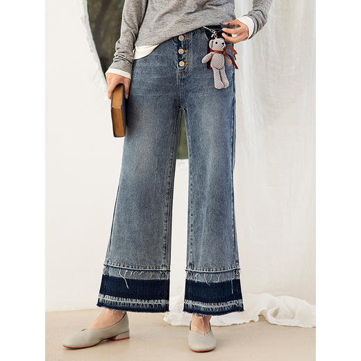 Famecoco范可儿阔腿牛仔裤女士韩版宽松蓝色直筒长裤F205GA024 商品图2