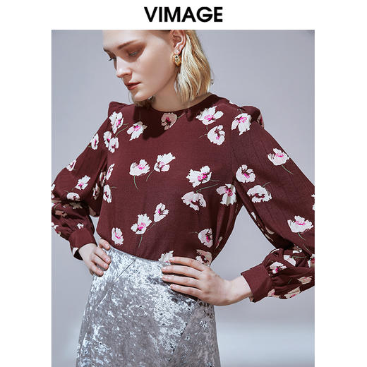 VIMAGE纬漫纪秋款复古印花宫廷风灯笼袖显瘦直筒上衣女V1413008 商品图2