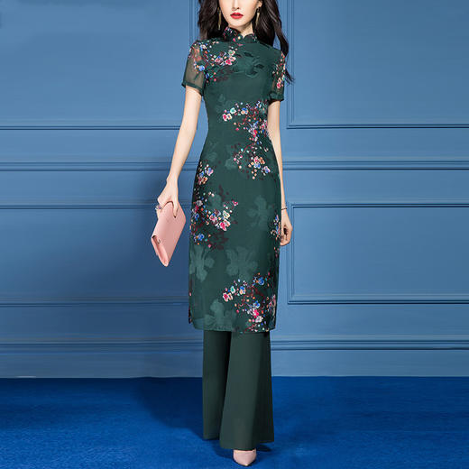 SSGS-T166新款典雅洋气绿色印花雪纺衫喇叭裤两件套 商品图0