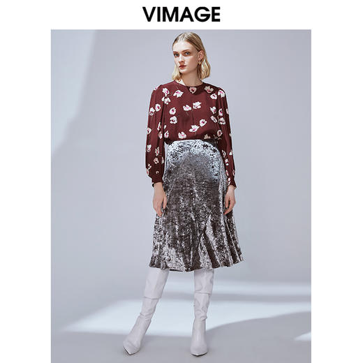 VIMAGE纬漫纪秋款复古印花宫廷风灯笼袖显瘦直筒上衣女V1413008 商品图1