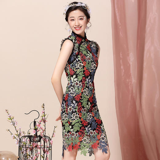 OYCP20188新款中国风优雅气质改良立领水溶刺绣旗袍裙TZF 商品图1