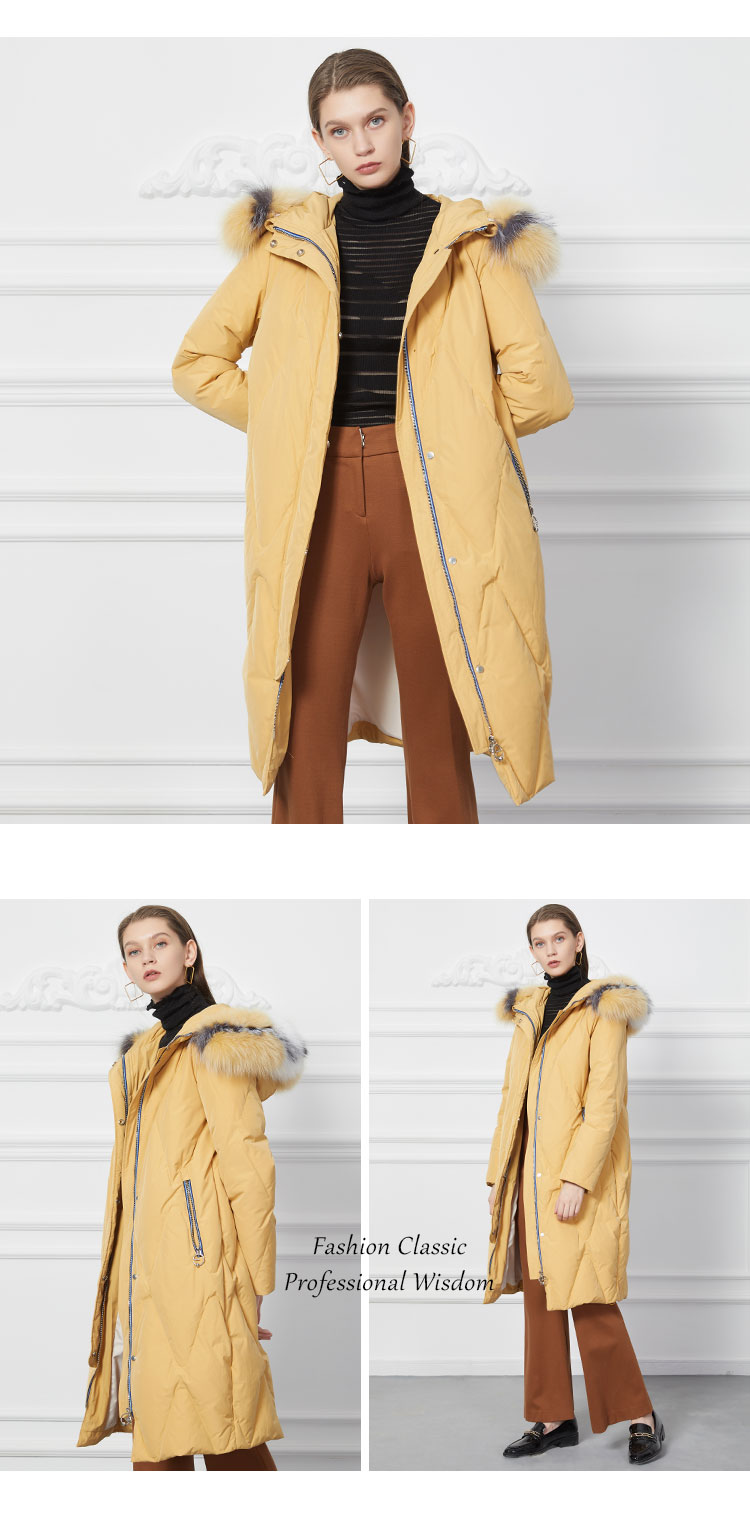 006斯尔丽2019年冬季新品纯色中长款拉链口袋女士通勤连帽毛领羽绒服