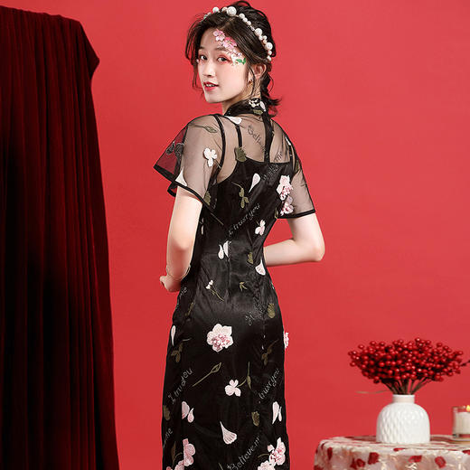 OYCP20183新款中国风优雅气质改良立领短袖蕾丝刺绣旗袍裙TZF 商品图3