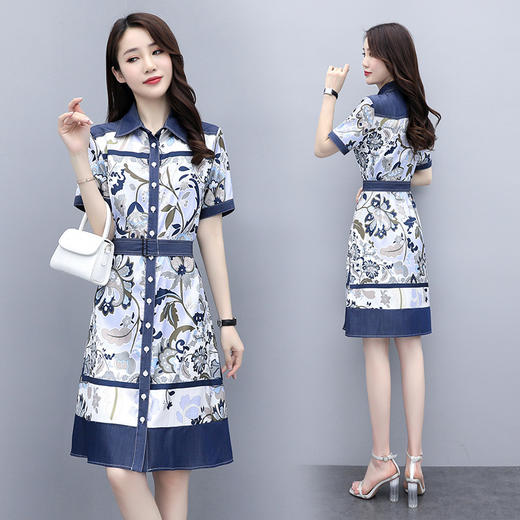 MD-CHYZX2021气质牛仔印花衬衫时尚polo领拼接国风裙子 商品图1