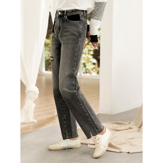 Famecoco范可儿直筒牛仔裤女破洞毛边设计感F205GA021 商品图2