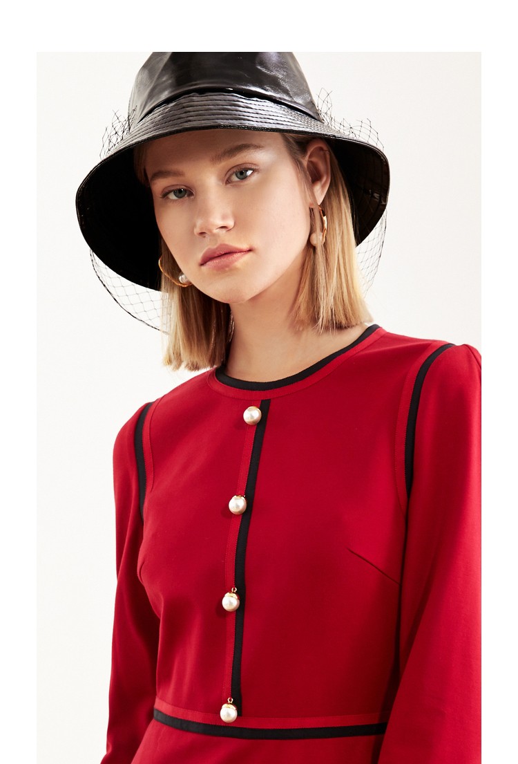 奥丽嘉朵obbligato红色织带珍珠钉扣连衣裙中长款女1c69505540