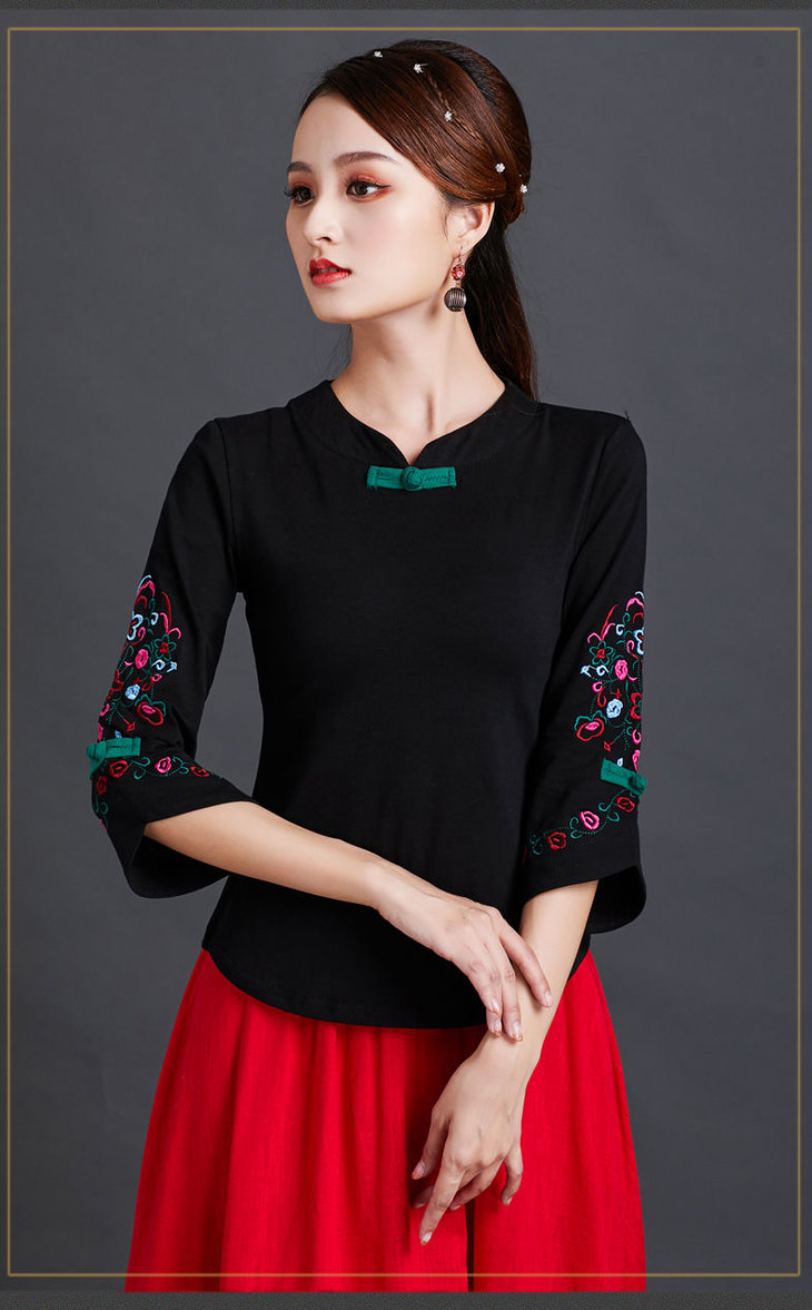 tzmz民族风女装上衣复古绣花t恤