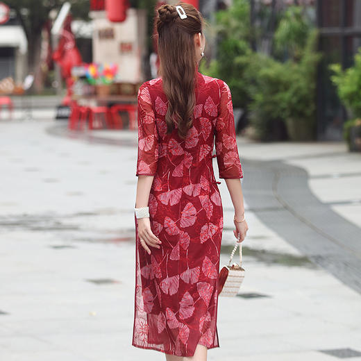 XGT-Q2341新款中国风优雅气质改良立领七分袖网布绣花旗袍裙TZF 商品图2