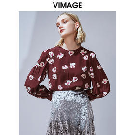 VIMAGE纬漫纪秋款复古印花宫廷风灯笼袖显瘦直筒上衣女V1413008