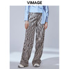 VIMAGE纬漫纪秋款个性复古英伦格纹印花拖地长裤休闲裤女V1405010 商品缩略图0
