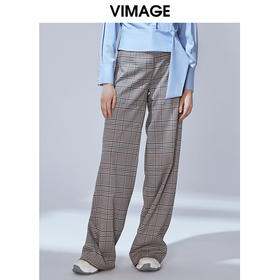 VIMAGE纬漫纪秋款个性复古英伦格纹印花拖地长裤休闲裤女V1405010