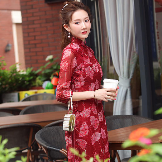 XGT-Q2341新款中国风优雅气质改良立领七分袖网布绣花旗袍裙TZF 商品图1