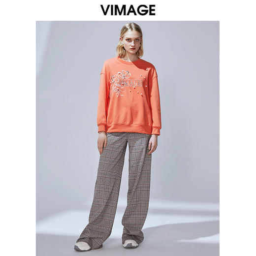VIMAGE纬漫纪秋款个性复古英伦格纹印花拖地长裤休闲裤女V1405010 商品图1