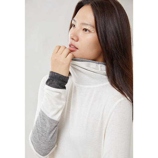 Famecoco范可儿面膜t恤女长袖薄款修身拼接撞色打底上衣F205BB012 商品图3