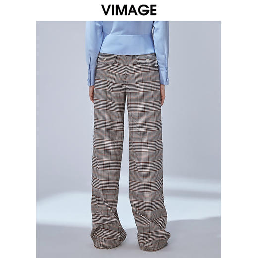 VIMAGE纬漫纪秋款个性复古英伦格纹印花拖地长裤休闲裤女V1405010 商品图3