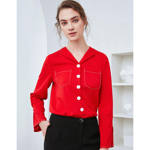 EITIE爱特爱秋季新款时尚通勤职业百搭显瘦喇叭袖衬衫上衣女C2009534 商品图2