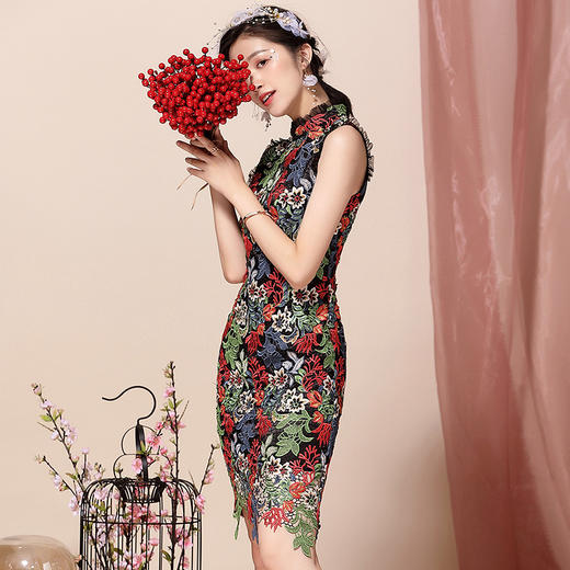 OYCP20188新款中国风优雅气质改良立领水溶刺绣旗袍裙TZF 商品图0