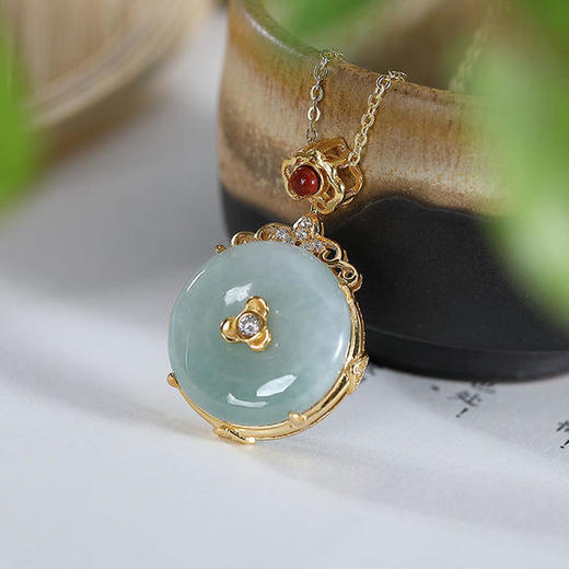 s925纯银镀金天然翡翠平安扣复古个性镶嵌吊坠cw