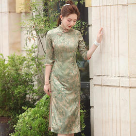 XGT-Q2304新款优雅气质立领中袖缎面提花中长款旗袍