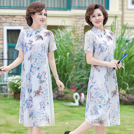 YMS-39P-2151新款中国风雪纺碎花双层连衣裙 商品图0