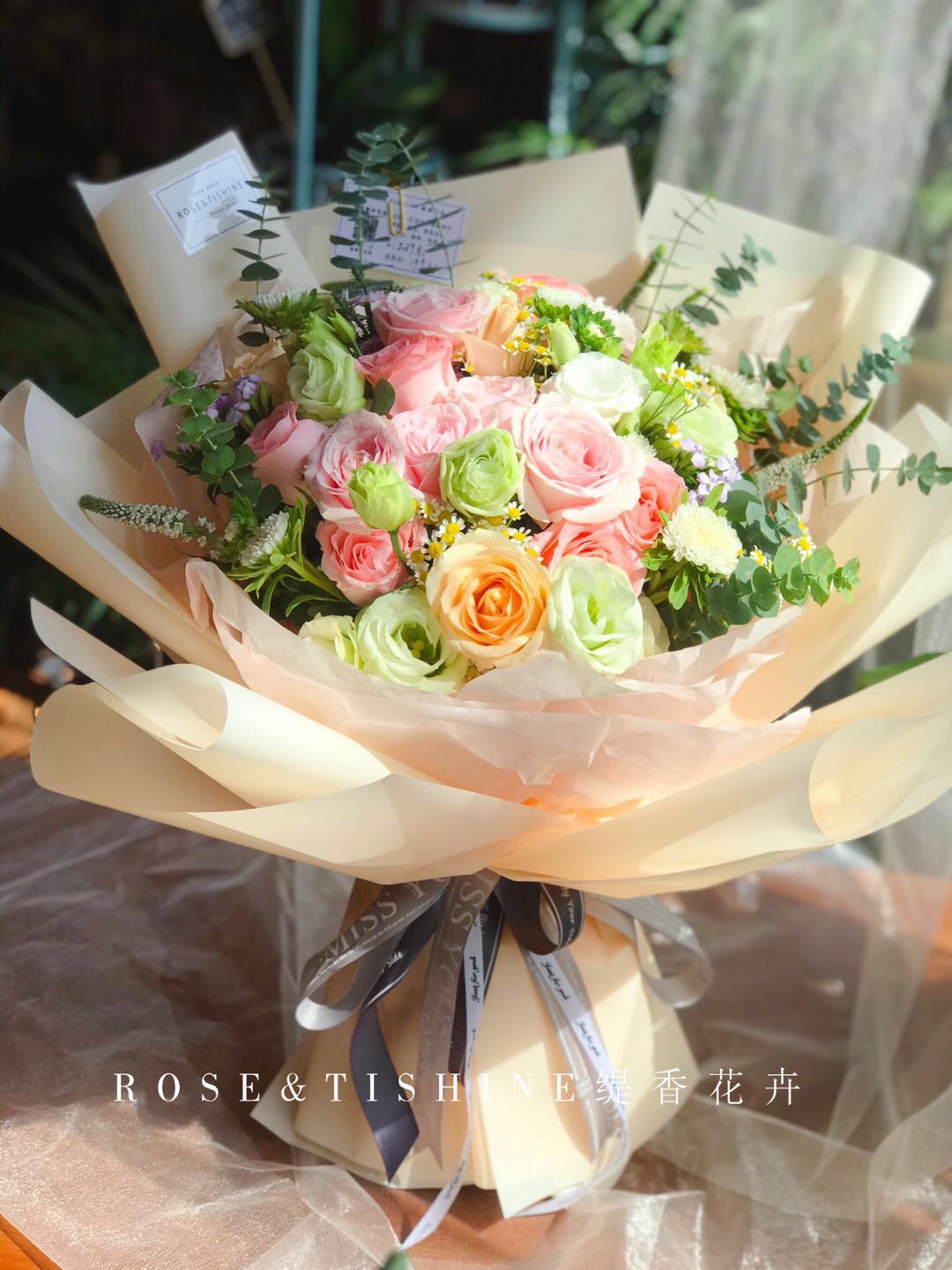 【柔情蜜意】9朵蜜桃雪山➕12朵粉玫瑰➕洋桔梗➕配花时尚大花束