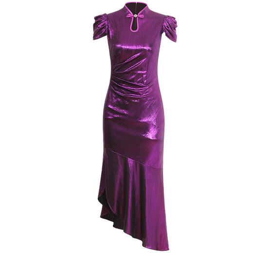 DLQ-A2589新款时尚优雅气质高端立领短袖亮紫色礼服裙TZF 商品图4