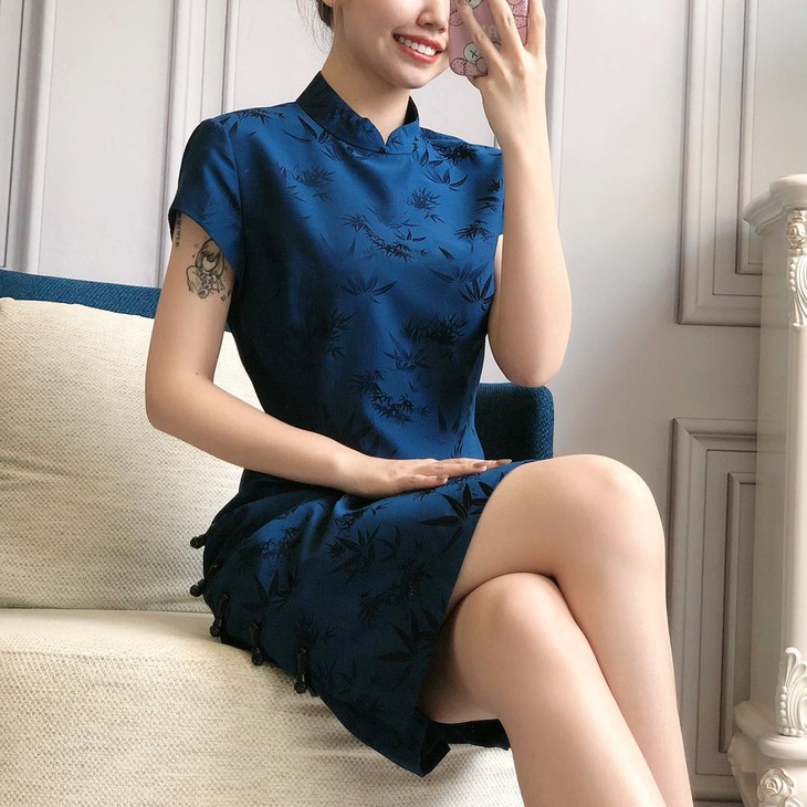 中国风改良版桑蚕丝竹叶提花立领侧边盘扣旗袍裙