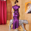 DLQ-A2589新款时尚优雅气质高端立领短袖亮紫色礼服裙TZF 商品缩略图2