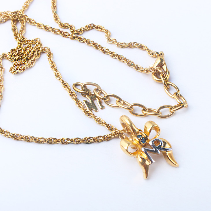 hellovintageninaricci孤项链蝴蝶结莱茵石镶嵌logo吊坠