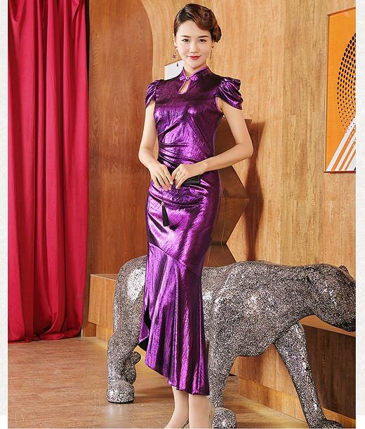 DLQ-A2589新款时尚优雅气质高端立领短袖亮紫色礼服裙TZF 商品图0