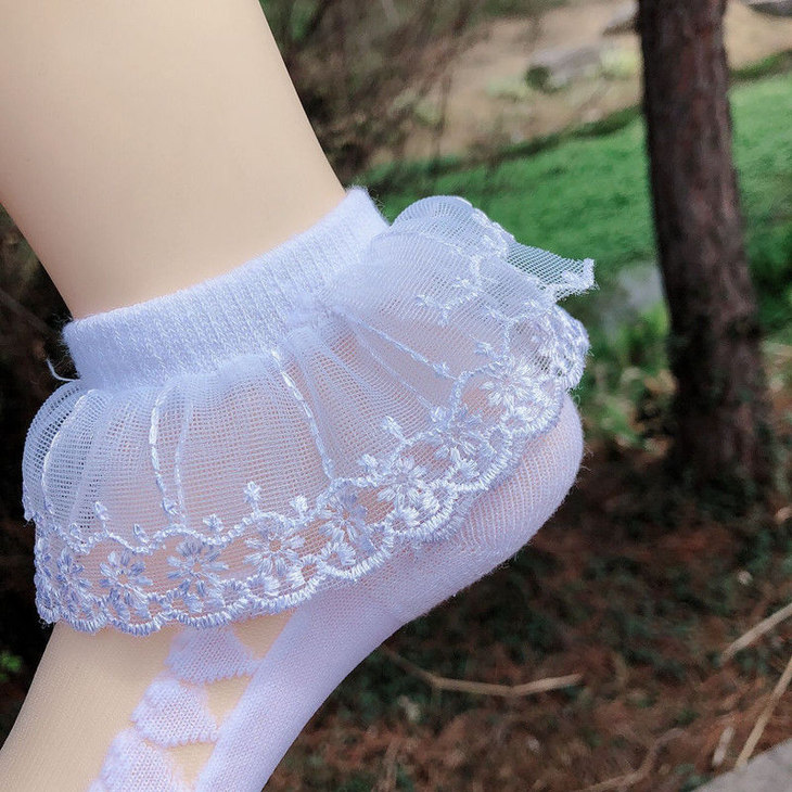 pdd4双装纯棉水晶袜透明双层超大蕾丝花边公主袜