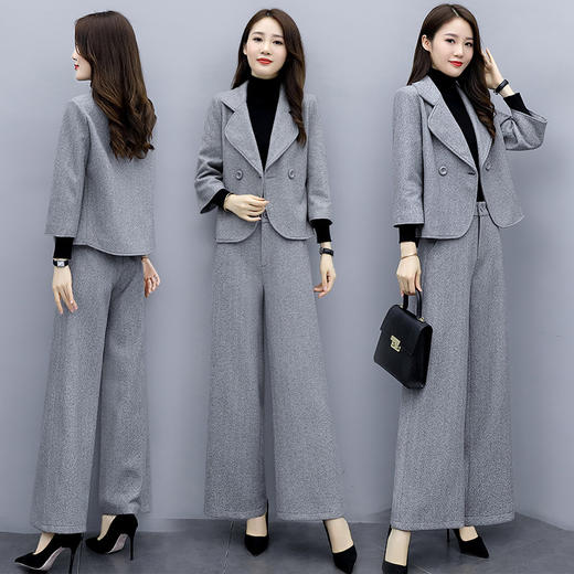 WZNH-GJC9970人字纹毛呢秋季新款简约毛呢阔腿裤套装 商品图4